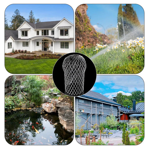 Expandable 3.5 Inch Aluminum Gutter Downspout Guards 4 Pack Leaf Filter Strainer Protectors surrounded by outdoor landscape scenes