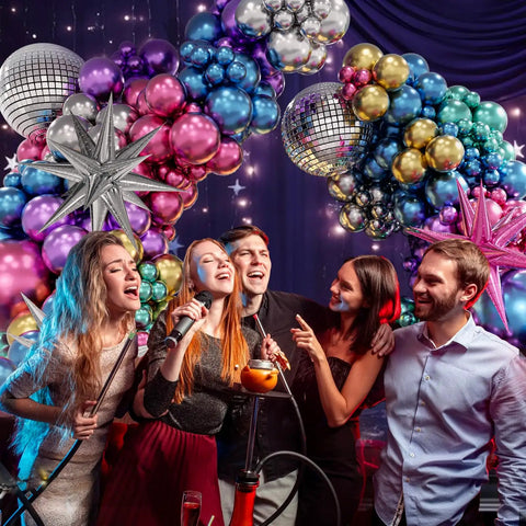 135 Piece Disco Balloon Arch Kit With Silver Blue Green Purple Hot Pink And Gold Metallic Balloons And Star Foil Balloons For Birthday Parties And 70s 80s 90s Retro Disco Decor And Photo Backdrops, group of friends enjoying party