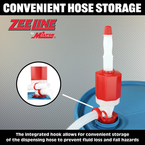 Heavy Duty Manual Drum Siphon Pump Works Like A Charm With Forty Eight Inch Flexible Hose Handles Chemicals Antifreeze And Def Fluid At Seven Gpm No Sweat Transfers From Standard Fifty Five Gallon Barrels with integrated hose storage.