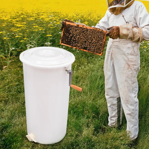 Two-Frame Manual Honey Extractor for Beekeeping, Durable Plastic Centrifuge Tool, White, Easy Grip S-Shaped Handle, Ideal for Home or Store Honey Harvesting, 15.75 by 28.35 Inches, shown with beekeeper and hive frame