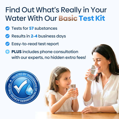 Mother and daughter enjoy drinking water while learning about Hella Reliable Home Water Quality Test Kit That Checks 57 Contaminants.