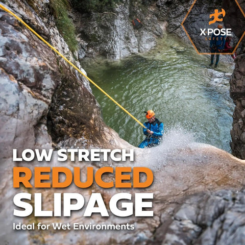 Person using heavy duty 3 by 8 inch polypropylene rope 600 feet bright yellow for outdoor marine and DIY use ultra strong workhorse visible tie down rope for load securing camping towing and general utility in a rocky terrain.