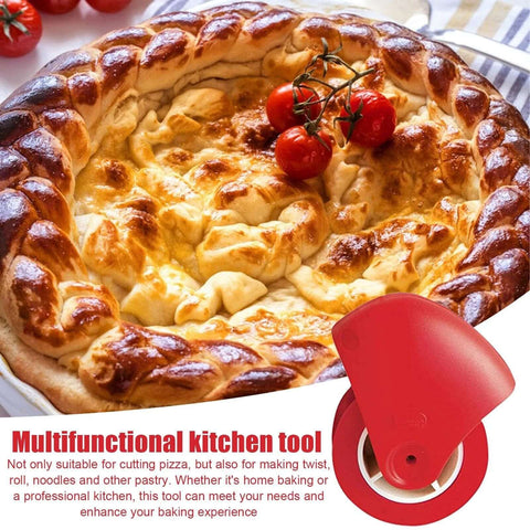 Red pastry wheel cutter with crinkle roller for lattice pie crust, shown beside baked pie