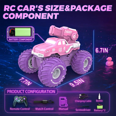 Amphibious 3-In-1 RC Stunt Car For Kids, 4WD Offroad That Transforms To Water Boat With Built-In Water Gun, size and parts
