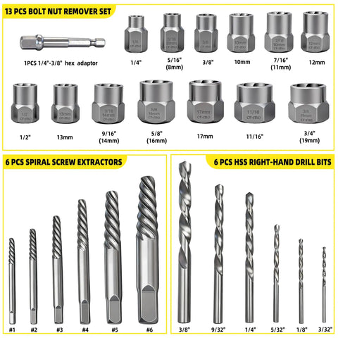 26 Piece Bolt And Screw Extractor Set With Hex Adapters And HSS Drill Bits Heavy Duty Easy Out Kit in various sizes