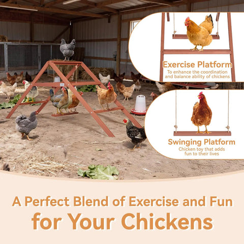 Wooden Chicken Perch And Roosting Bars For 10 To 12 Chickens, 3 Layer Fir Design With Swing shown in outdoor coop with hens
