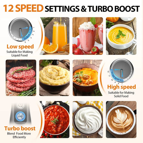 Image showing 12-speed settings and turbo mode for Powerful 1000W Immersion Hand Blender 3-in-1 Pro-Grade Stick.