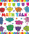 Math Talk Bulletin Board Decor Set for Teachers and Classrooms, colorful design with speech bubbles and math symbols.