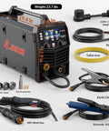 Powerhouse 8 In 1 Multi Process Welder For Aluminum And Steel with dimensions and components like MIG weld gun, Teflon hose.