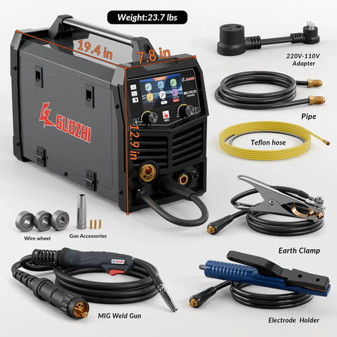 Powerhouse 8 In 1 Multi Process Welder For Aluminum And Steel with dimensions and components like MIG weld gun, Teflon hose.