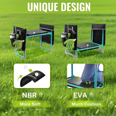 Wide 10 Inch Taller Garden Kneeler And Seat Folding Stool with EVA Foam Pad and NBR Cushion in a field.