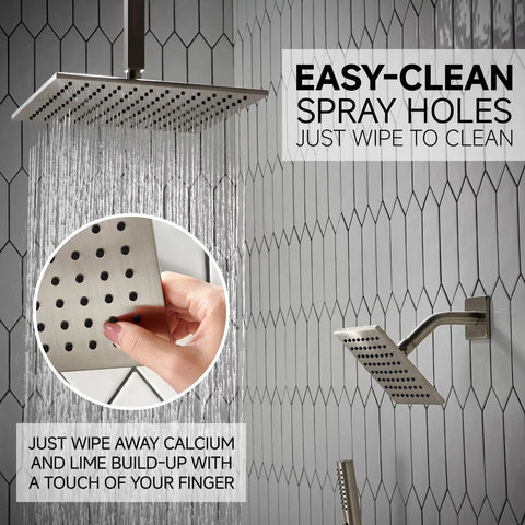 Lava Odoro Square Rain Shower Faucet Set, Button Diverter Shower Faucet with 3 in 1 Handheld, Ceiling Mount Rainfall Shower System with 2 Shower Head, Valve Trim Kit, 12 Inch demonstrating easy-clean spray holes.