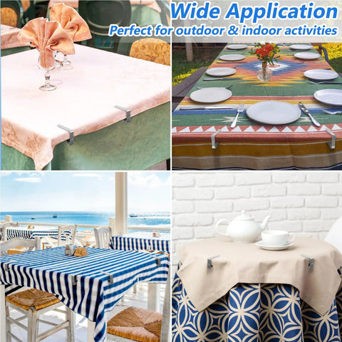 Sturdy Stainless Steel Tablecloth Clips used on various table settings for outdoor and indoor use