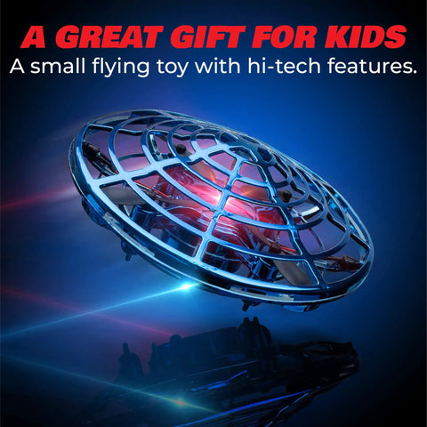 Blue Hand Operated Scoot Drone For Kids And Adults With Hands Free Motion Sensor LED Indoor UFO Toy hovering in dark setting.