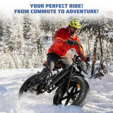Cyclist on snowy trail with Two Pack Fat Tire With Tube For Ebike Mountain Snow Bike Heavy Duty High-Performance Wear-Resistant Tire 16 By 4.0 Inch Black Includes 2 Tubes And 2 Levers