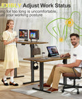 Electric Standing Desk With Sit Stand Design, 45 By 24 Inch Adjustable Height Home Office Desk, Four Memory Presets, Rustic Brown Finish, No Wobble Steel Frame Built For Heavy Lifting, featuring people using desk in seated and standing positions in home office.