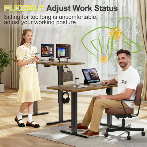 Electric Standing Desk With Sit Stand Design, 45 By 24 Inch Adjustable Height Home Office Desk, Four Memory Presets, Rustic Brown Finish, No Wobble Steel Frame Built For Heavy Lifting, featuring people using desk in seated and standing positions in home office.