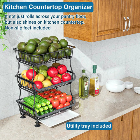 Three Tier Rolling Pantry Cart With Wheels, Stackable Wire Baskets For Pantry Shelves on kitchen counter with produce