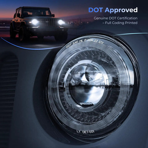 Close-up of Ultra Bright 7 Inch LED Headlights For Jeep Wrangler And Fullsize Trucks, DOT Sealed Beam with Gradient Halo.