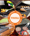 Heavy Duty 4 Piece BBQ Tool Set With Stainless Steel Spatula Tongs Fork And Cleaning Brush Wood Handle Outdoor Grill Utensils Kit Perfect Dad Gift For Backyard Grillin And Summer Cookouts shown in action on a grill.