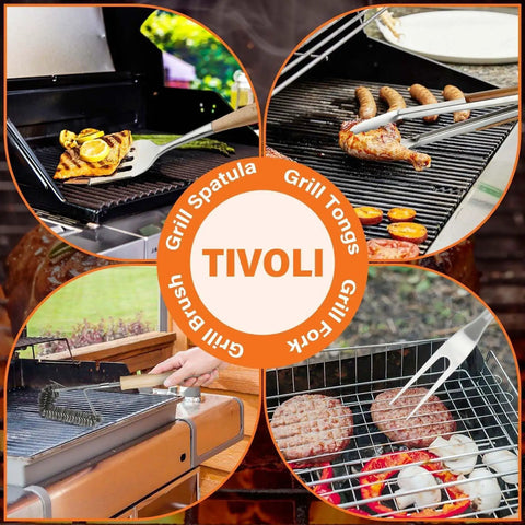 Heavy Duty 4 Piece BBQ Tool Set With Stainless Steel Spatula Tongs Fork And Cleaning Brush Wood Handle Outdoor Grill Utensils Kit Perfect Dad Gift For Backyard Grillin And Summer Cookouts shown in action on a grill.