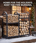 Heavy Duty 31 Inch Firewood Rack With Hooks 2-Tier Log Holder For Indoor Or Outdoor Use Fireplace Wood Storage Rack Stable Steel Construction Holds Up To 1000 Pounds Adjustable Small Wood Shelf For Cozy Home Or Cabin loaded with logs.