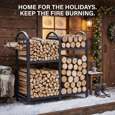 Heavy Duty 31 Inch Firewood Rack With Hooks 2-Tier Log Holder For Indoor Or Outdoor Use Fireplace Wood Storage Rack Stable Steel Construction Holds Up To 1000 Pounds Adjustable Small Wood Shelf For Cozy Home Or Cabin loaded with logs.