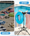 Comparison of a poolside mess and an organized space with Outdoor Pool Towel Rack, Freestanding 42 to 71 Inch Adjustable Stand With Four Legs and Six Foldable Arms