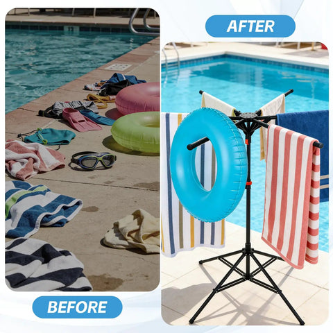 Comparison of a poolside mess and an organized space with Outdoor Pool Towel Rack, Freestanding 42 to 71 Inch Adjustable Stand With Four Legs and Six Foldable Arms