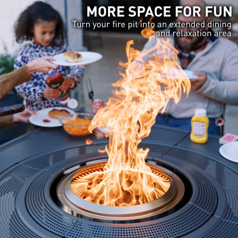 Surround Extend For Bonfire Ranger Fire Pit Table Space Upgrade Outdoor Backyard Party Accessory with flames and dining setup