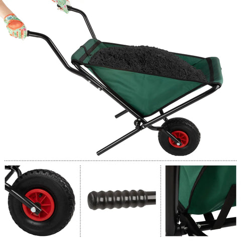 Folding Wheelbarrow With Collapsible Garden Cart For Lawn Care, 80Lb Capacity shown with black material and padded handles.