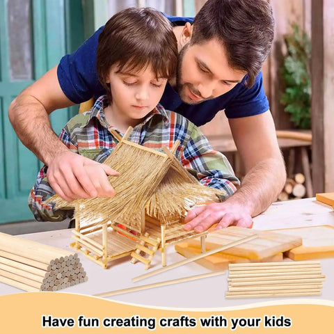 Father and son using Top Shelf Unfinished Round Wooden Dowel Rods 1/4 X 18 Inch Birch for DIY craft project.