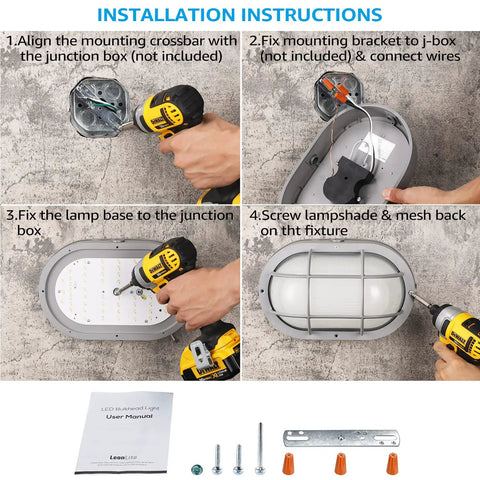 Installation steps for Outdoor 12 Inch LED Bulkhead Light 10W Oval Nautical Marine Wall Fixture with tools and parts.