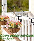 Badass Deck Railing Plant Hangers 2 Pack Workhorse Solid Core Shepherd Hooks holding flower baskets on a white railing.
