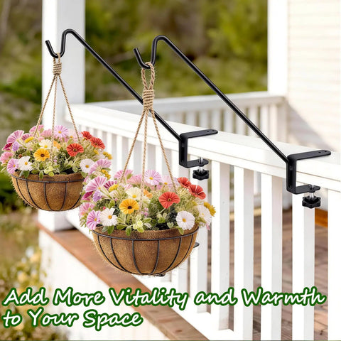 Badass Deck Railing Plant Hangers 2 Pack Workhorse Solid Core Shepherd Hooks holding flower baskets on a white railing.