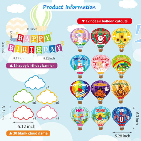 Hot Air Balloon Birthday Bulletin Board Decor Set with 12 monthly balloon cutouts, birthday banner, and 30 cloud cutouts.