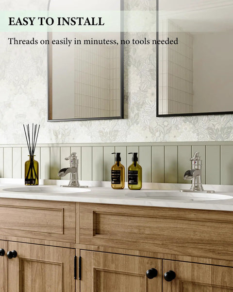Waterfall Bathroom Faucet In Brushed Nickel Finish Dope Farmhouse Style Vanity Sink Tap installed on wooden vanity