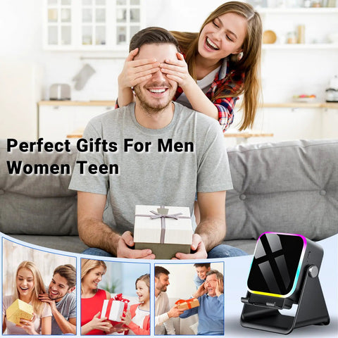 Induction And Bluetooth 5.3 Speaker With Phone Stand 5 In 1 Wireless Audio shown as a gift next to happy people.