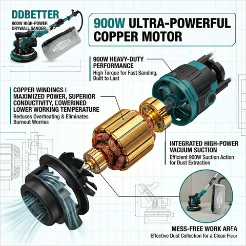 Electric Drywall Sander Kit With Integrated Vacuum Dust Collector And Telescoping Pole Sander Attachment To Power Through Wall Prep Tasks Without Any Dust Mess While Landing That Dope Flawless Finish Daily features 900W copper motor.