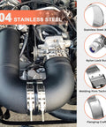 4-pack 1-inch stainless steel T-bolt hose clamps on turbo intake hose in engine bay (32–37mm)
