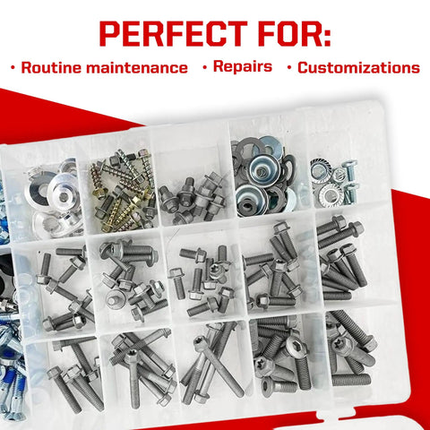 210 Piece Metric Motorcycle Bolt Kit for KTM Husqvarna Offroad Bikes with hex head bolts and washers in organizer box.
