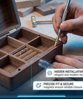 Installing hidden barrel hinges with magnets for wooden boxes, showcasing precise fit on a jewelry box.
