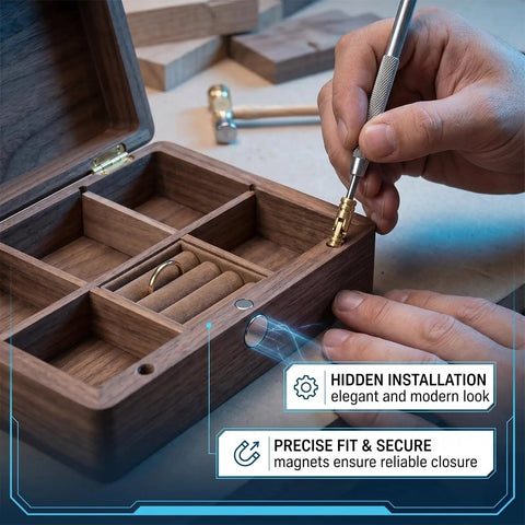 Installing hidden barrel hinges with magnets for wooden boxes, showcasing precise fit on a jewelry box.