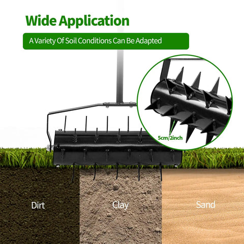 Rolling Lawn Aerator With 18 Inch Roller And 50 Inch Handle Manual Lawn Aerator Tool For Deep Soil Penetration Sturdy Rustproof Metal Frame Easy Garden Yard Aeration For Dense Turf And Healthier Grass, shown on various soil types.