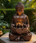 Buddha Outdoor Water Fountain With LED Lights And Pump, Zen Style Garden Waterfall For Patio Or Yard, Faux Bronze Finish