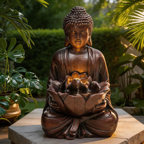 Buddha Outdoor Water Fountain With LED Lights And Pump, Zen Style Garden Waterfall For Patio Or Yard, Faux Bronze Finish