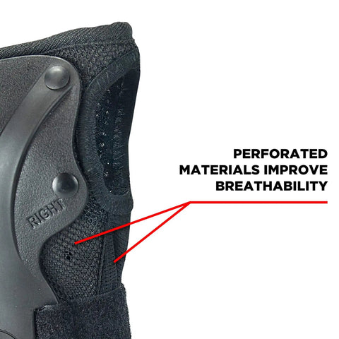 Slide On Derby Wrist Guards For Roller Derby, Unrestricted Finger Motion, Cupped Palm And Wrist Protection shown with breathable material