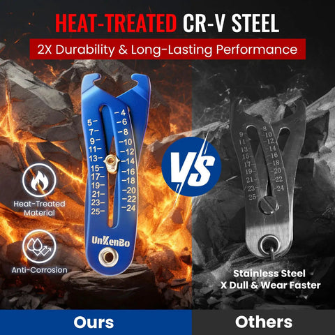 Gen2 Bolt Size Finder Tool Keychain Gauge with CR-V steel, SAE and metric markings, comparison with stainless steel tool.
