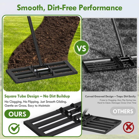 Comparison of heavy duty lawn leveling rake with six point five foot steel handle 17 by 10 inch leveling tool and other designs