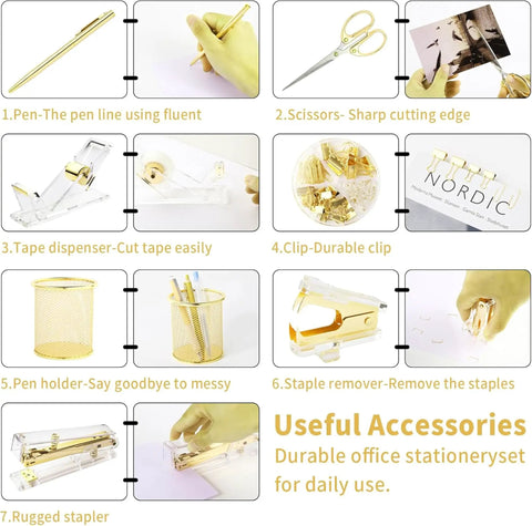 Shiny Gold Tone Office Desk Accessories Set With Acrylic Stapler Tape Dispenser Staple Remover Pen Holder Scissors Binder Clips 1000 Staples And Ballpoint Pen For A Must Have Neat Pro Style Workspace shown with individual components labeled.